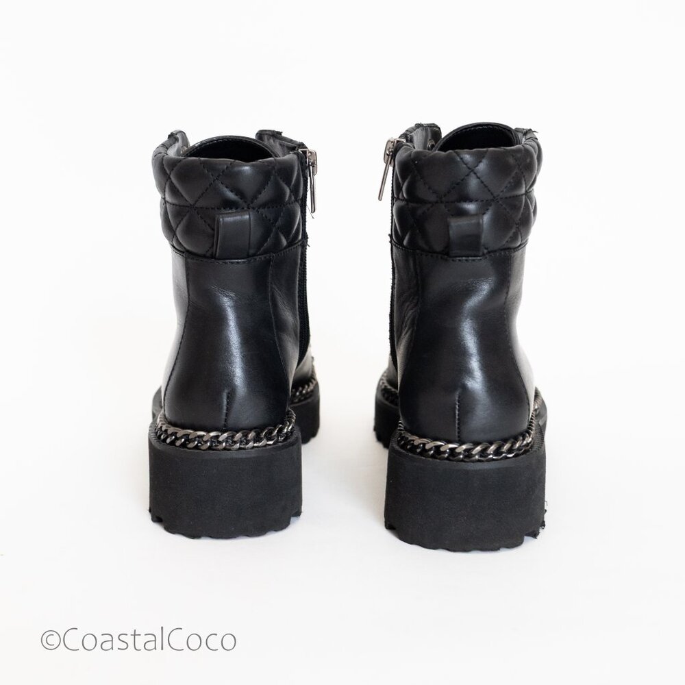Vince Camuto Merindil Leather Combat Boots 8.5 Black Quilted Metal Chain Chunky - Picture 5 of 13